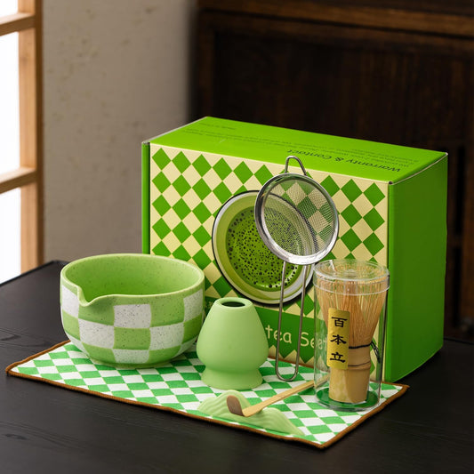 Premium 7-Piece Matcha Tea Set – Traditional Japanese Style with Elegant Grid Pattern, Includes Bamboo Whisk, Ceramic Bowl, Scoop & More – Perfect for Matcha Lovers & Tea Ceremony (Orange grid)