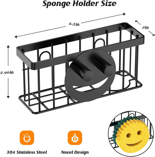MURLONG Sponge Holder Smiley Face, Sink Organizer with 2 Suction Cups/1 Adhesive Strips, Designed for Sponge, Soap, Dish Brush, Scrubber - Black