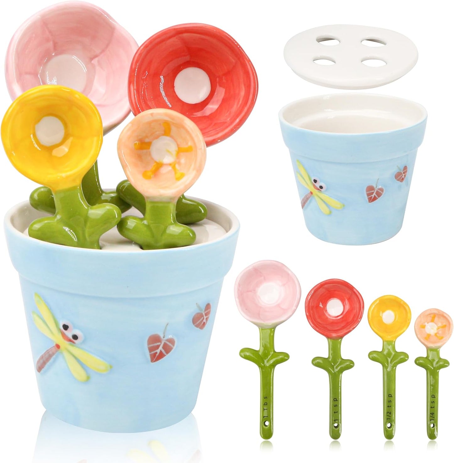 Flower Pot Measuring Spoons Set, Ceramic Baking Cup with Base Stand Holder, Decorative Cute Figurine for Dry & Wet Ingredients, Kitchen, Home & Gift - 1 Tbsp, 1 Tsp, 1/2 Tsp, 1/4 Tsp, Dishwasher Safe