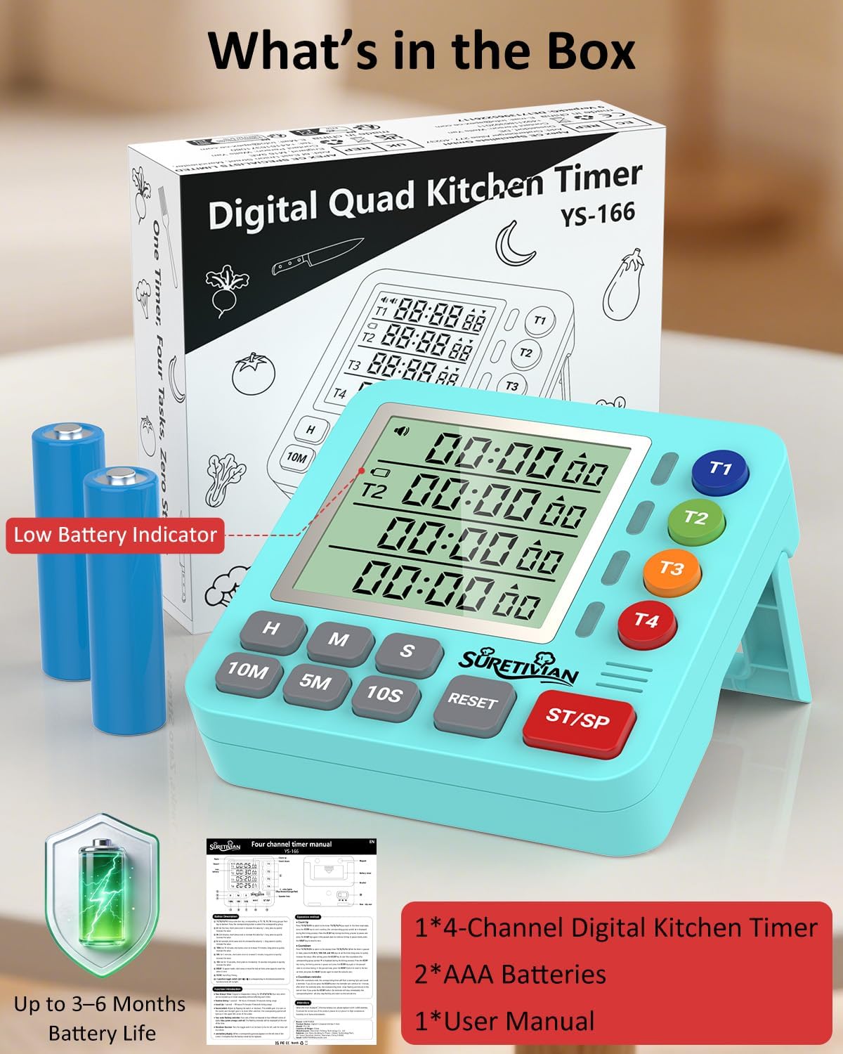 Digital Kitchen Timer for Cooking - 4 Channel Count Up Countdown Timer with Loud Alarm and Silent Mode, Large Display, Magnetic Back, Auto Memory for Classroom Study Gym, Battery Included (Black)
