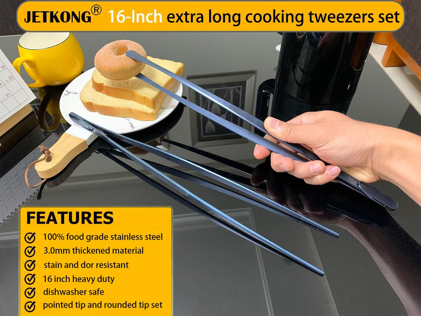JETKONG 2 Pcs 12-Inch Kitchen Tweezers Fine Tweezer Tongs, Extra-Long Stainless Steel Cooking Tweezers (Silver)