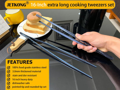 JETKONG 2 Pcs 12-Inch Kitchen Tweezers Fine Tweezer Tongs, Extra-Long Stainless Steel Cooking Tweezers (Silver)