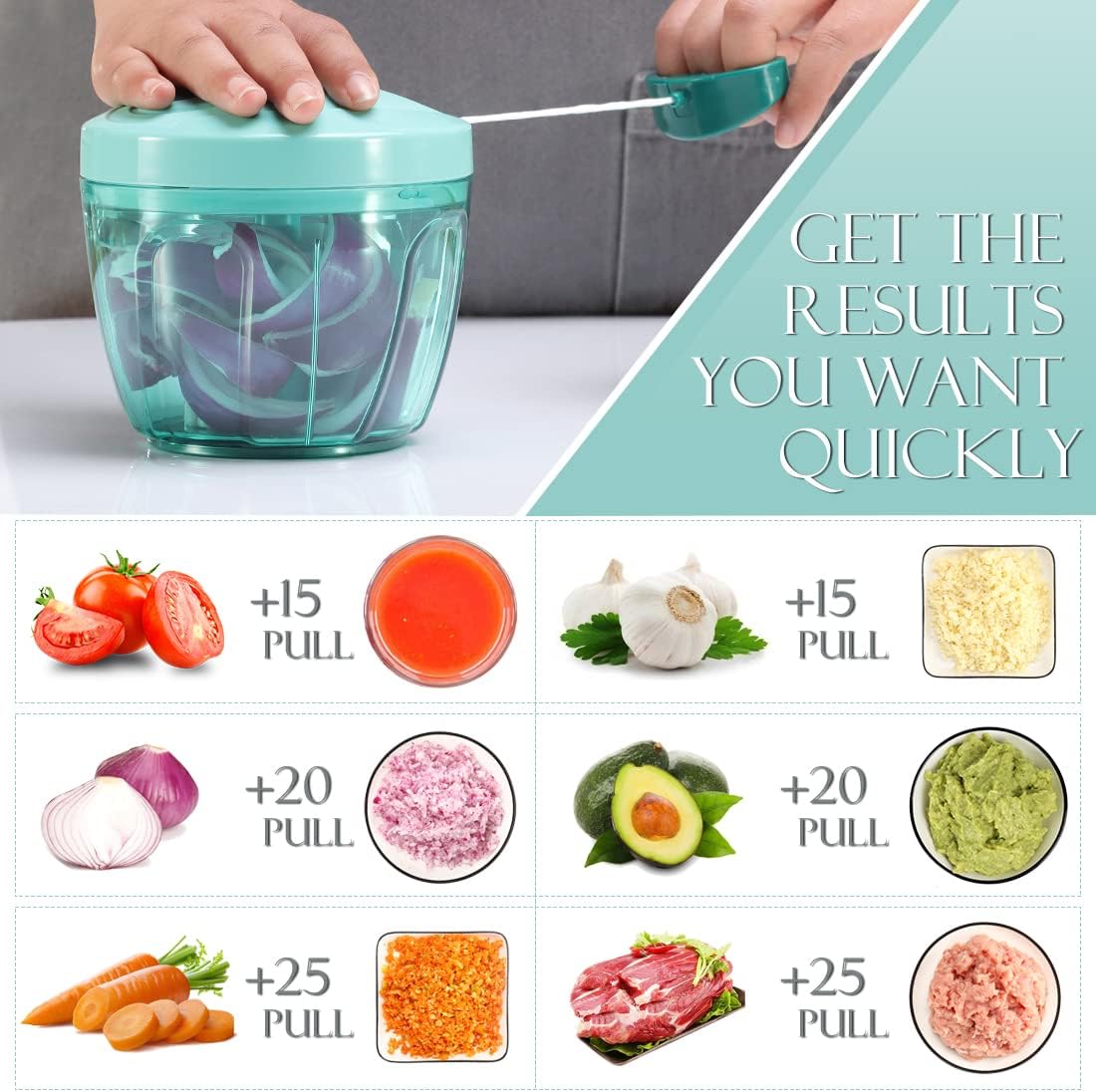 Ourokhome Manual Food Processor Vegetable Chopper, Portable Hand Pull String Garlic Mincer Onion Cutter for Veggies, Ginger, Fruits, Nuts, Herbs, etc., 500ml, Deep Blue