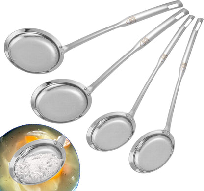 Stainless Steel Fine Mesh Strainer Set of 4, 2 Sizes Fine Mesh Kitchen Sieve for Cooking, Long Handle Food Strainer Skimmer Spoon Grease Separator