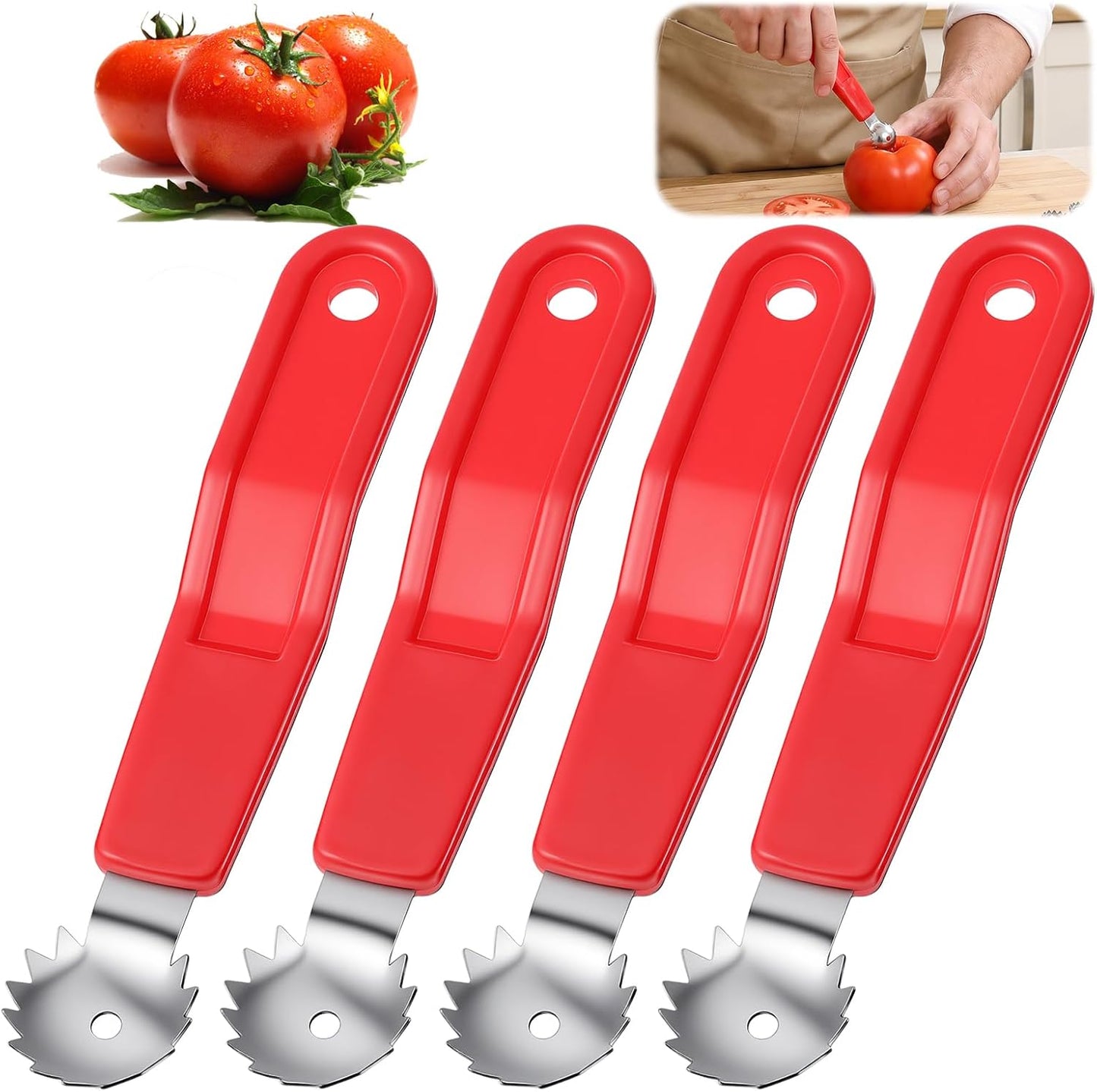 4PCS Tomato Corer Tool, Strawberry Corer Tool, Stainless Steel Strawberry Stem Remover Handle with Hole for Fruit Vegetable Stem Remover Efficient Kitchen Gadget