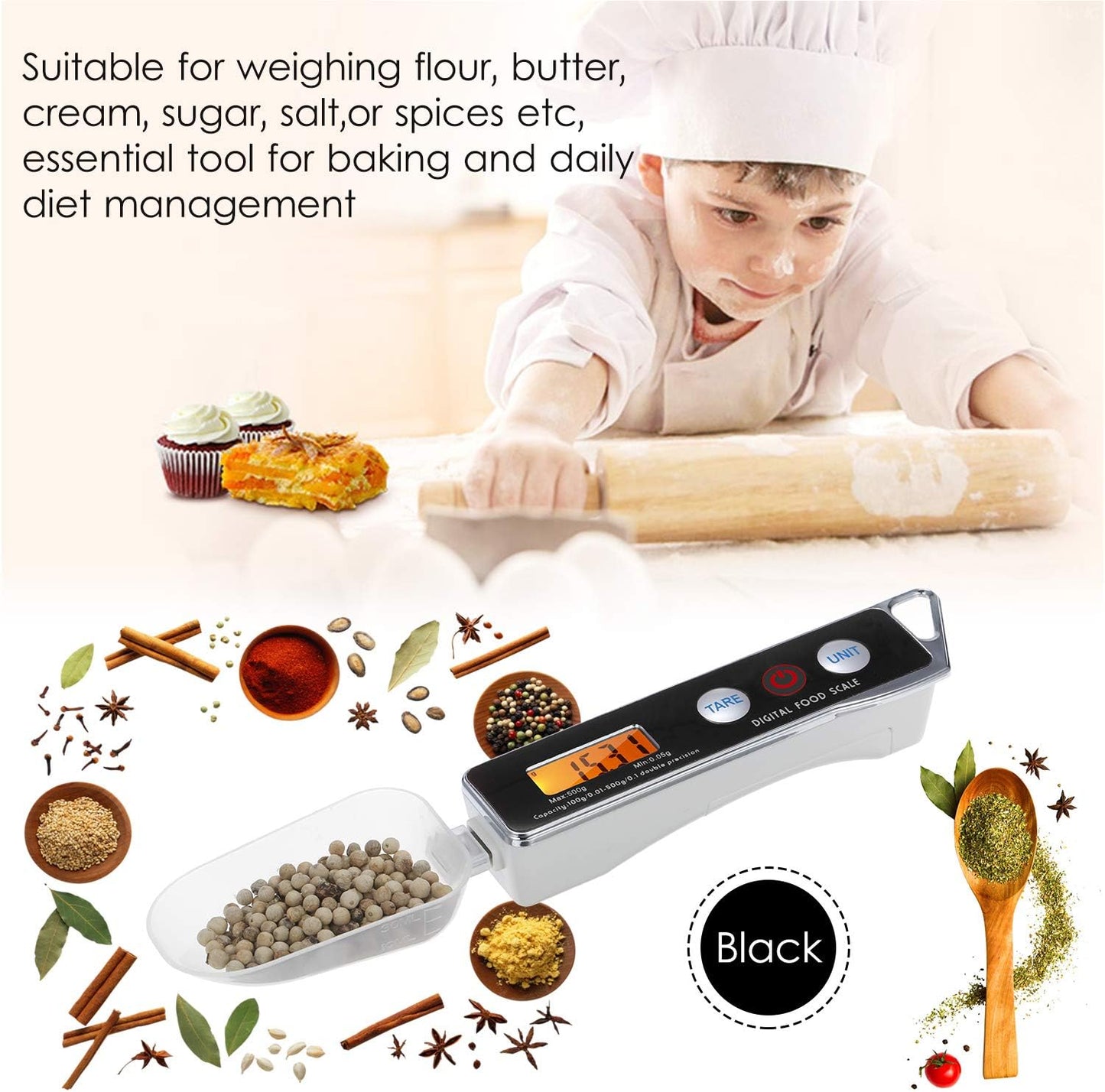 Spoon Scale, Digital Spoon Scale Electronic Measuring Spoon Scale Household Kitchen Spoon Scale Food Scale with Tare Function Capacity 0.05g to 500g Support Unit g/oz/gn/ct/
