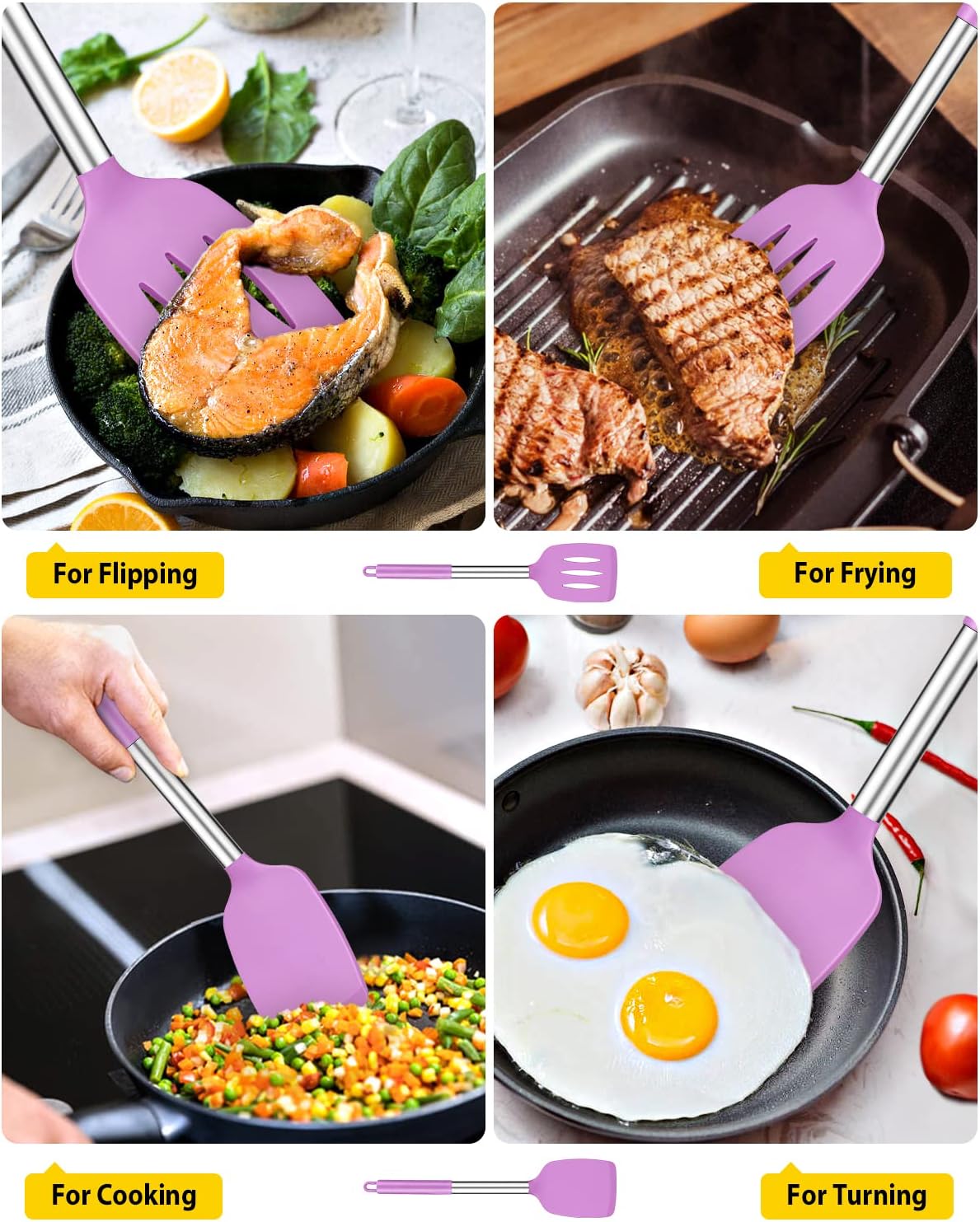 Pack of 2 Silicone Solid Turner, Non Stick Slotted Kitchen Spatulas, High Heat Resistant BPA Free Cooking Utensils, Ideal Cookware for Fish, Eggs, Pancakes(Black)