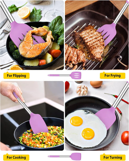 Pack of 2 Silicone Solid Turner, Non Stick Slotted Kitchen Spatulas, High Heat Resistant BPA Free Cooking Utensils, Ideal Cookware for Fish, Eggs, Pancakes(Black)