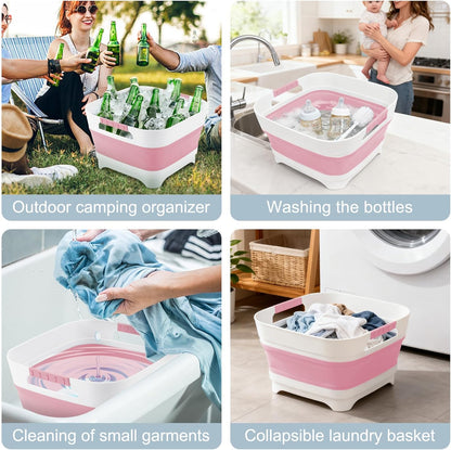 Collapsible Dish Basin with Drain Plug, 2.4 Gal 9L Foldable Wash Basin, Portable Sink Tub for Kitchen, Baby Bottles, Camping, RV, Vegetable Washing and Beverage Tub, Gray