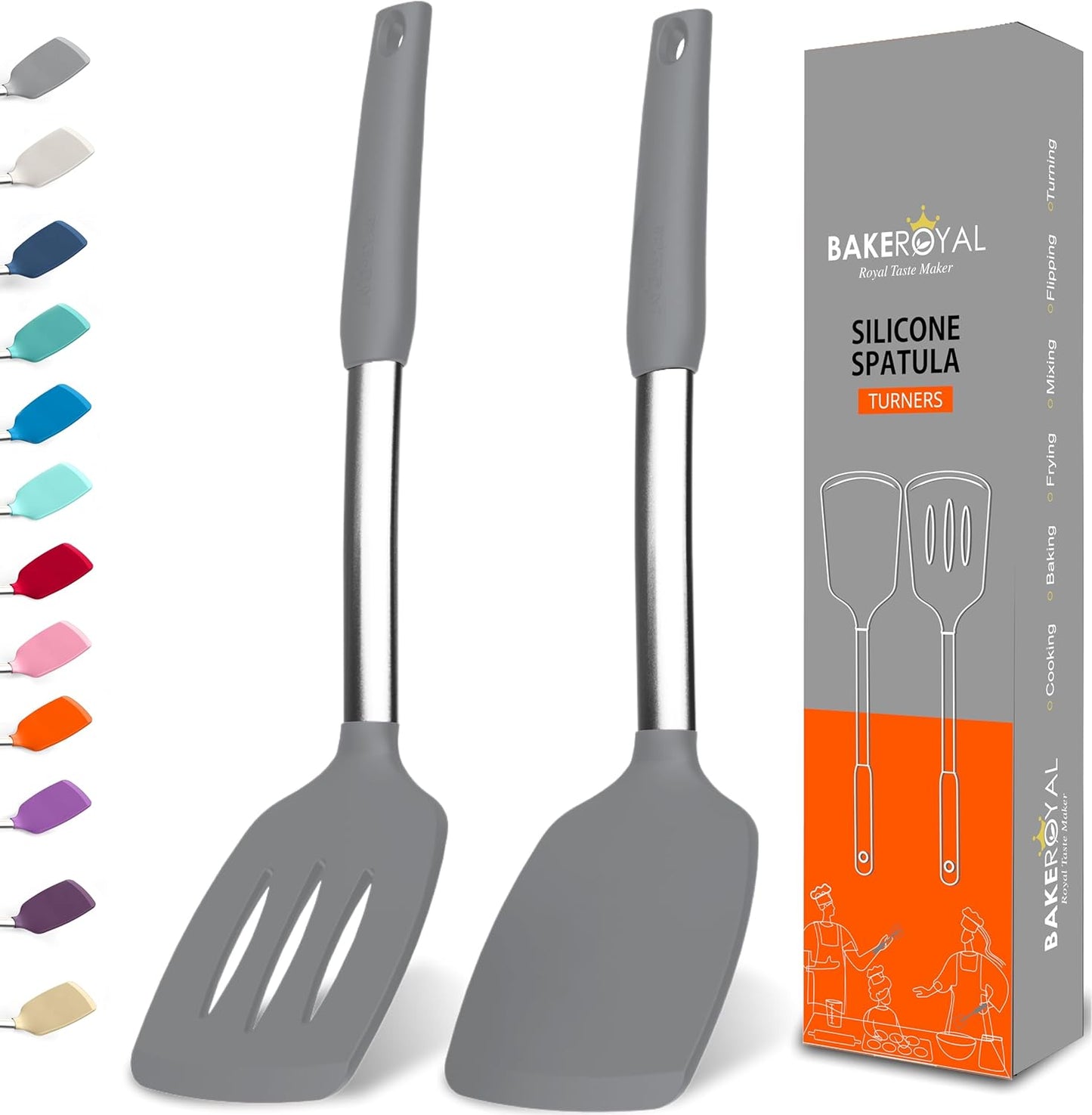 BakeRoyal Silicone Spatula Set - Turner Spatulas Silicone Heat Resistant 600°F - Slotted & Solid Spatula for Cooking Fish, Eggs, Pancakes Flipper – Spatulas for kitchen use – Royal Blue