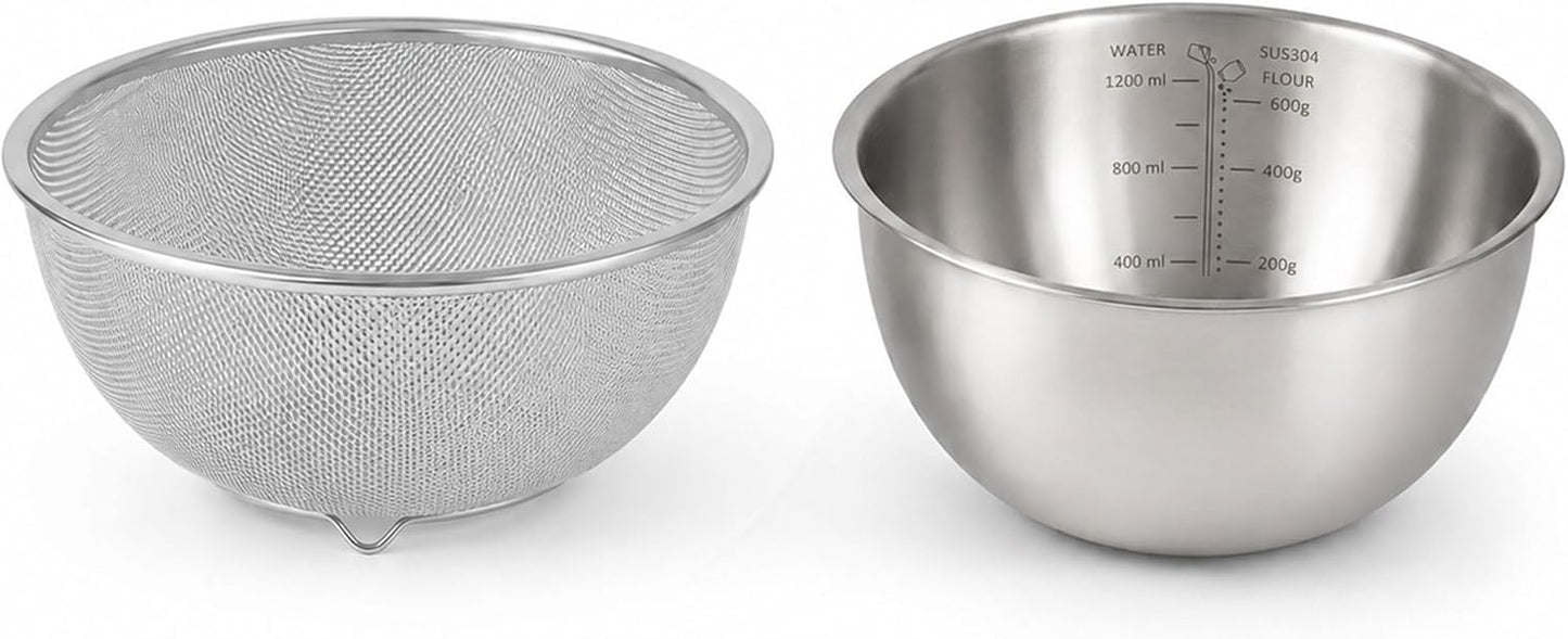 3.5QT Stainless Steel strainer bowl Set, Rice Washing Bowl with SUS304 Food Grade Metal Mixing Bowl with Measurement Marks, Large Fruit Washing Bowl for Rice, Quinoa, Pasta, Vegetables,2 Pack