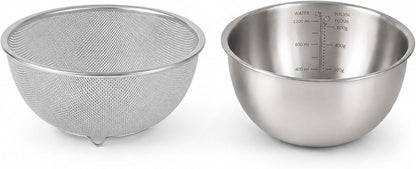 3.5QT Stainless Steel strainer bowl Set, Rice Washing Bowl with SUS304 Food Grade Metal Mixing Bowl with Measurement Marks, Large Fruit Washing Bowl for Rice, Quinoa, Pasta, Vegetables,2 Pack