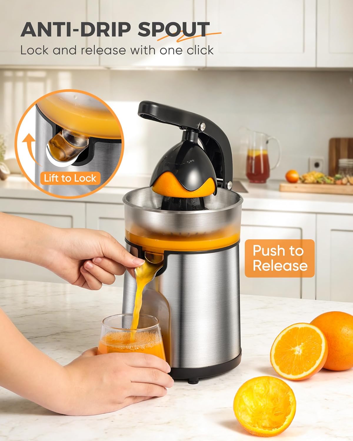 Electric Orange Juicer, Citrus Juicer Squeezer with 2 Interchangeable Cones, 160W Electric Juicer Machine with Stainless Steel Body & Transparent Juice Collector for Lime Grapefruit Lemon