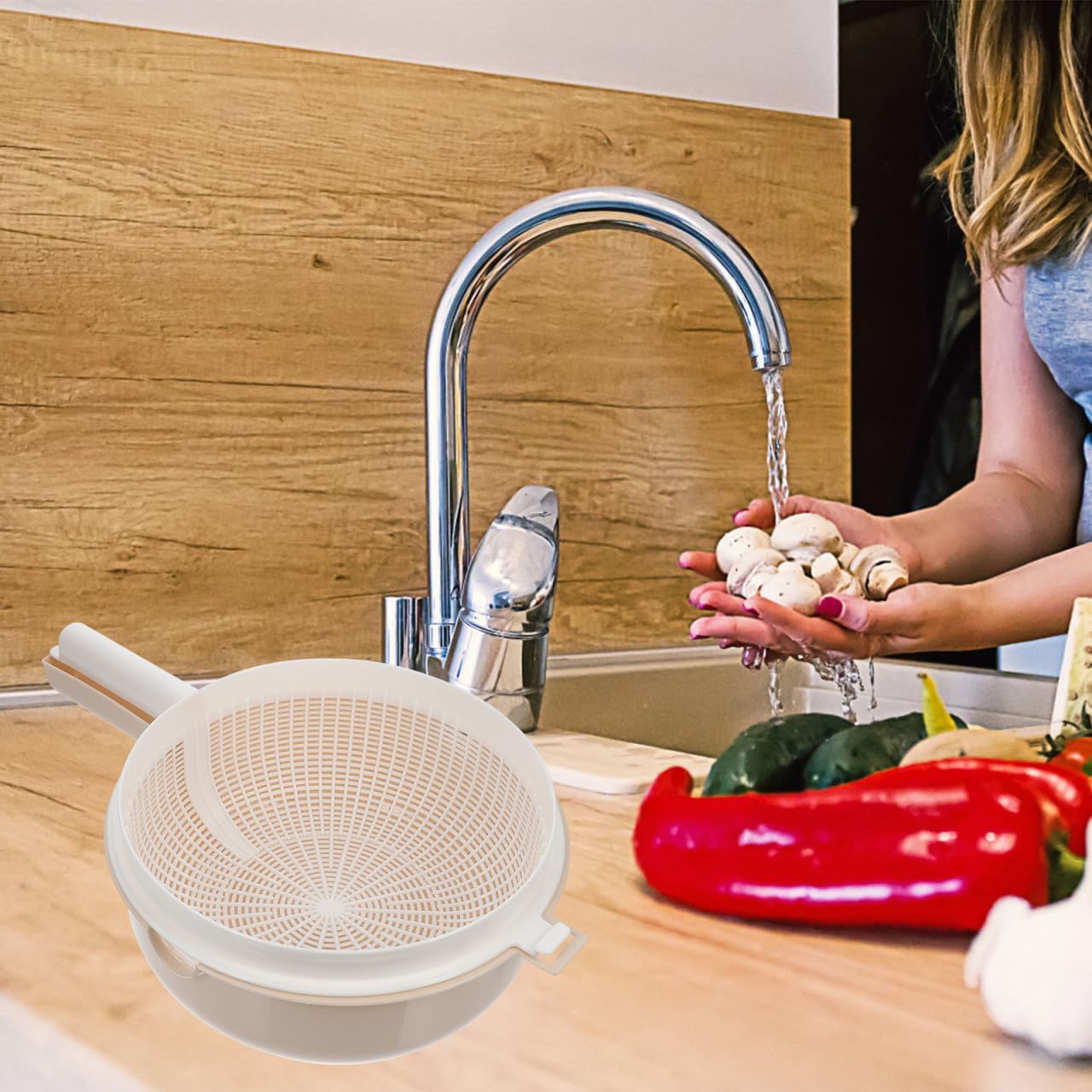 Unomor Double Layer Vegetable Washing Basket with Drain Strainer Bowl for Fruits Pasta Salad 13.38X9.05X4.33 Inch Kitchen Colander with Handle