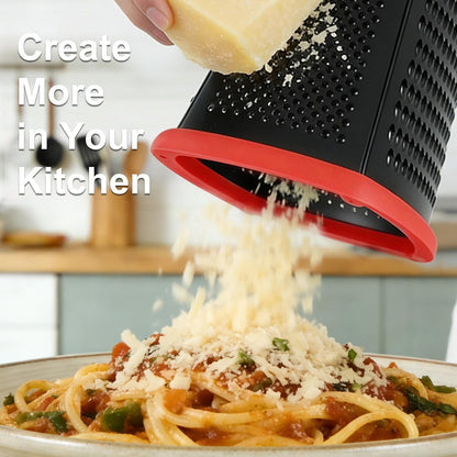 Ourokhome Cheese Grater, Handheld Box Grater with Container & Lid, 4-Sided Stainless Steel for Kitchen, Wavy Julienne, Slicer, Coarse Shred & Fine Zester, Non-Slip Base, Dishwasher Safe, 8 Inch
