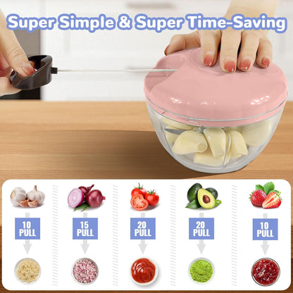 Garlic Chopper Mincer Manual Vegetable Chopper 500ml - with Pull String Garlic Press Crusher 5 Sec Chop Food Quickly, for Garlic, Ginger, Potato, Avocado, Onion, Salad, etc., Pink