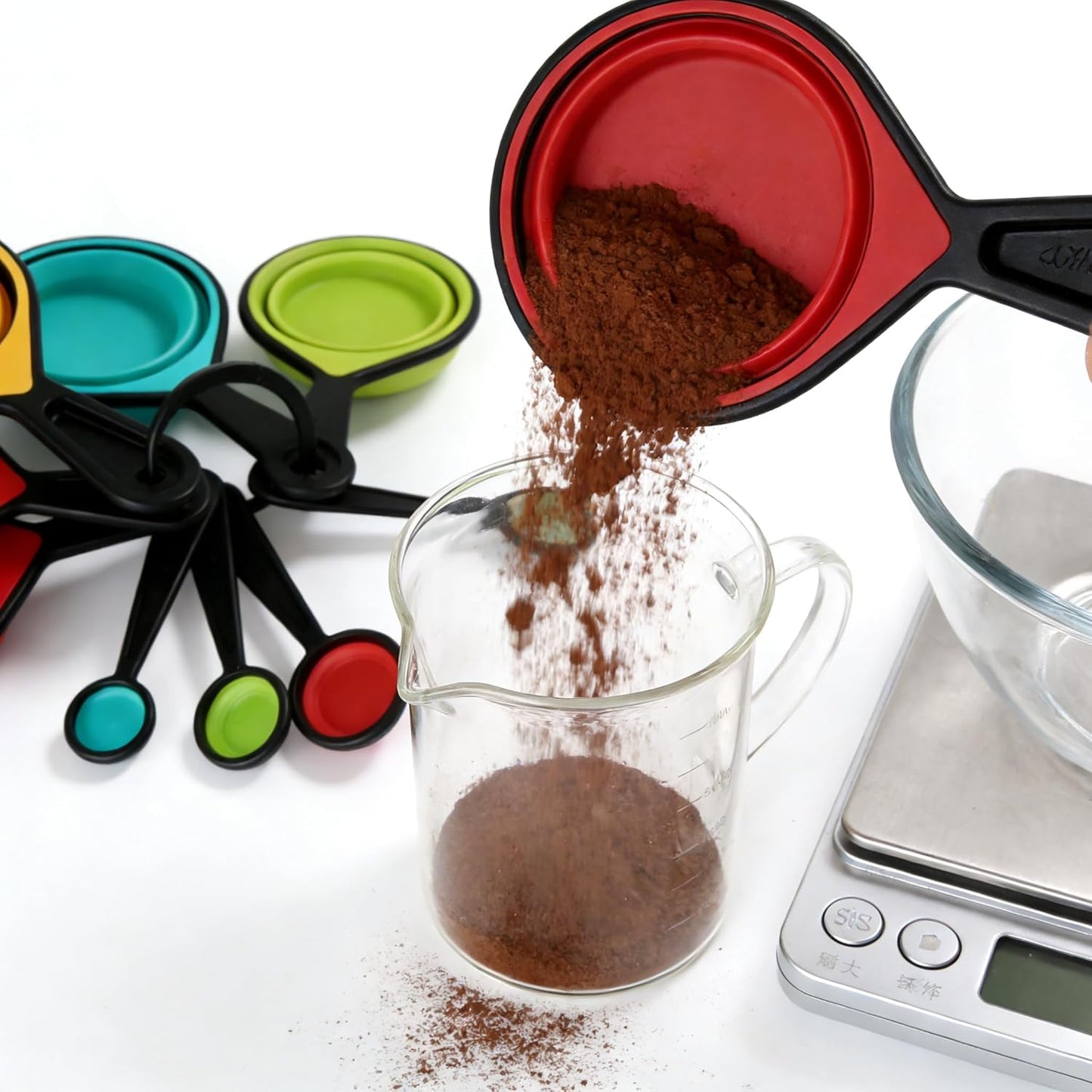 Adjustable Measuring Spoons & Cups Set, 8-Piece.Collapsible Silicone Measuring Cups & Flat Folding Spoons. Dishwasher Safe, Space-Saving Design for Baking, Cooking, and Camping.