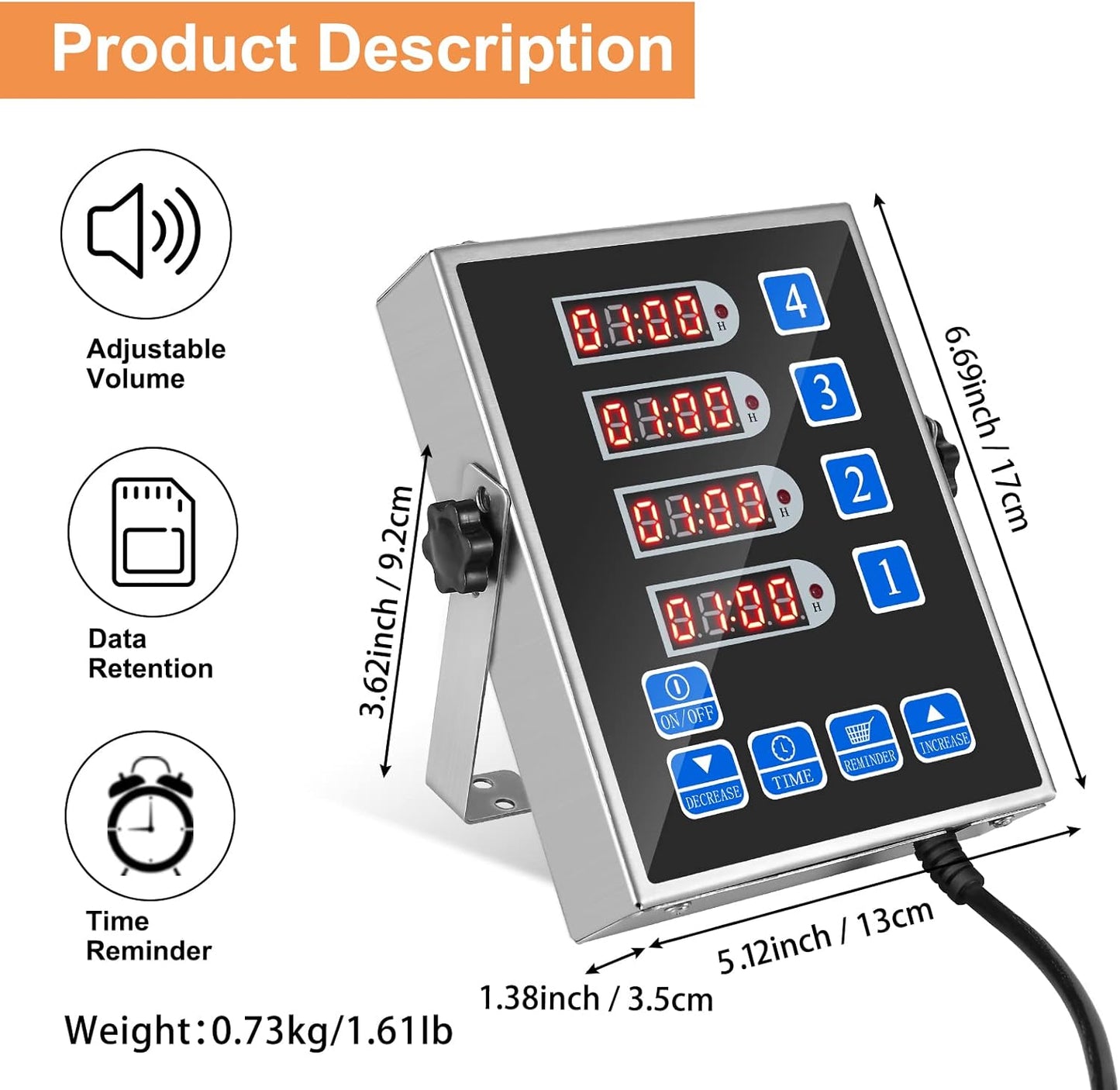 Precision Kitchen Timers for Cooking – 4 Channel Commercial Kitchen Timer Restaurant Kitchen Supplies – Stainless Steel Digital LED Chef Cooking Timer – Reminder Function, Loud Alarm, Blue