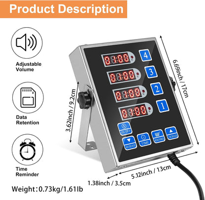 Precision Kitchen Timers for Cooking – 4 Channel Commercial Kitchen Timer Restaurant Kitchen Supplies – Stainless Steel Digital LED Chef Cooking Timer – Reminder Function, Loud Alarm, Blue