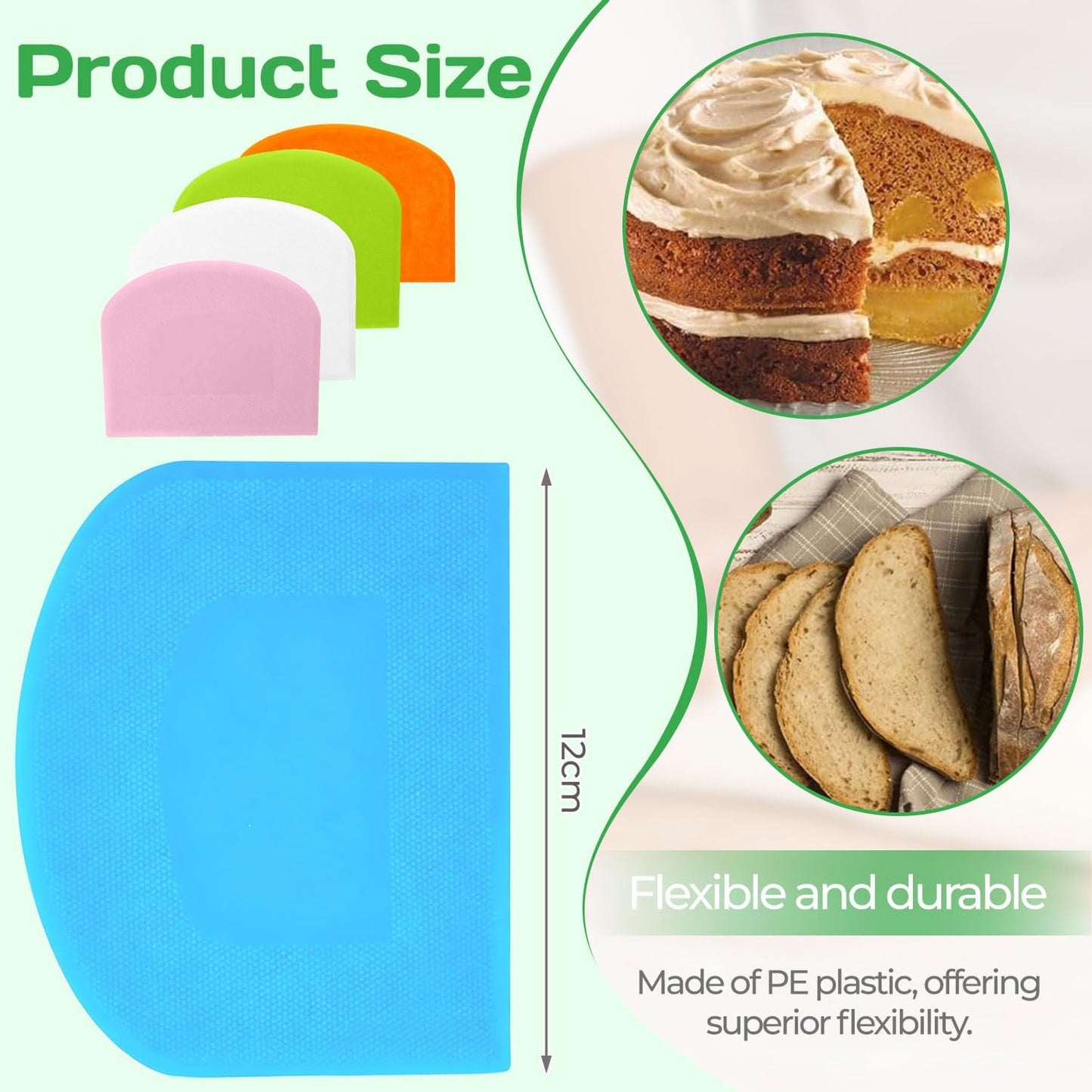 4 Pcs Dough Scraper Bench Scraper 4.65x3.66" Plastic Flexible Bowl Scraper Sharp-Edged Multi-Angle Cake Scraper Non-Slip Baking Tool Decorating Tool Shaping Tool (4Pcs Two white+ Two green)