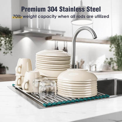 Tomorotec 17.7" x 15.5" Roll Up Dish Drying Rack Over Sink Drying Rack Sink Cover Kitchen Sink Accessories Gadget Multipurpose Organizer Foldable Stainless Steel Drainer