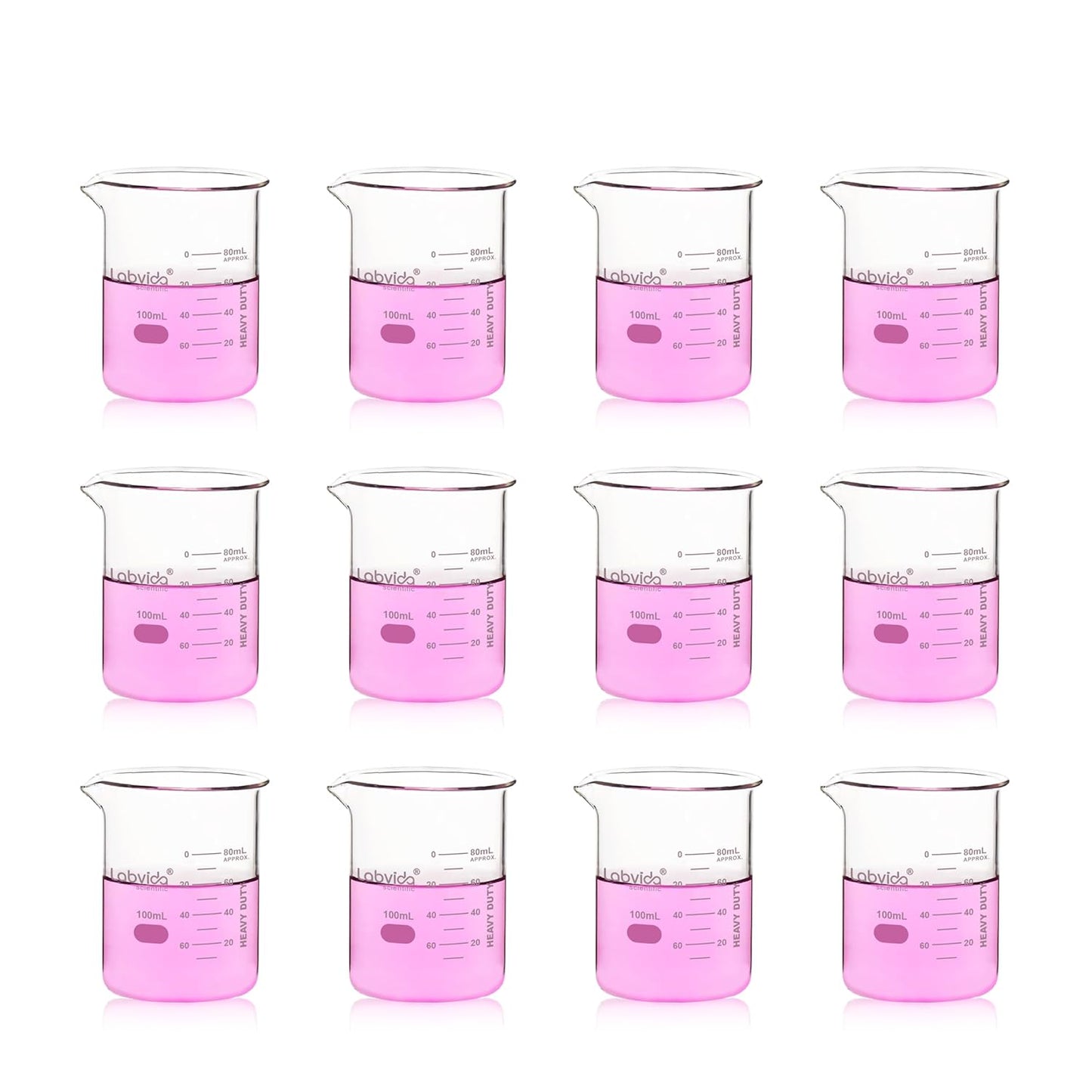 Upgrated 6 Size Low Form Glass Beaker Set, 25ml 50ml 100ml 250ml 500ml 1000ml, 3.3 Boro Glass beakers with Printed Graduation, LVA019