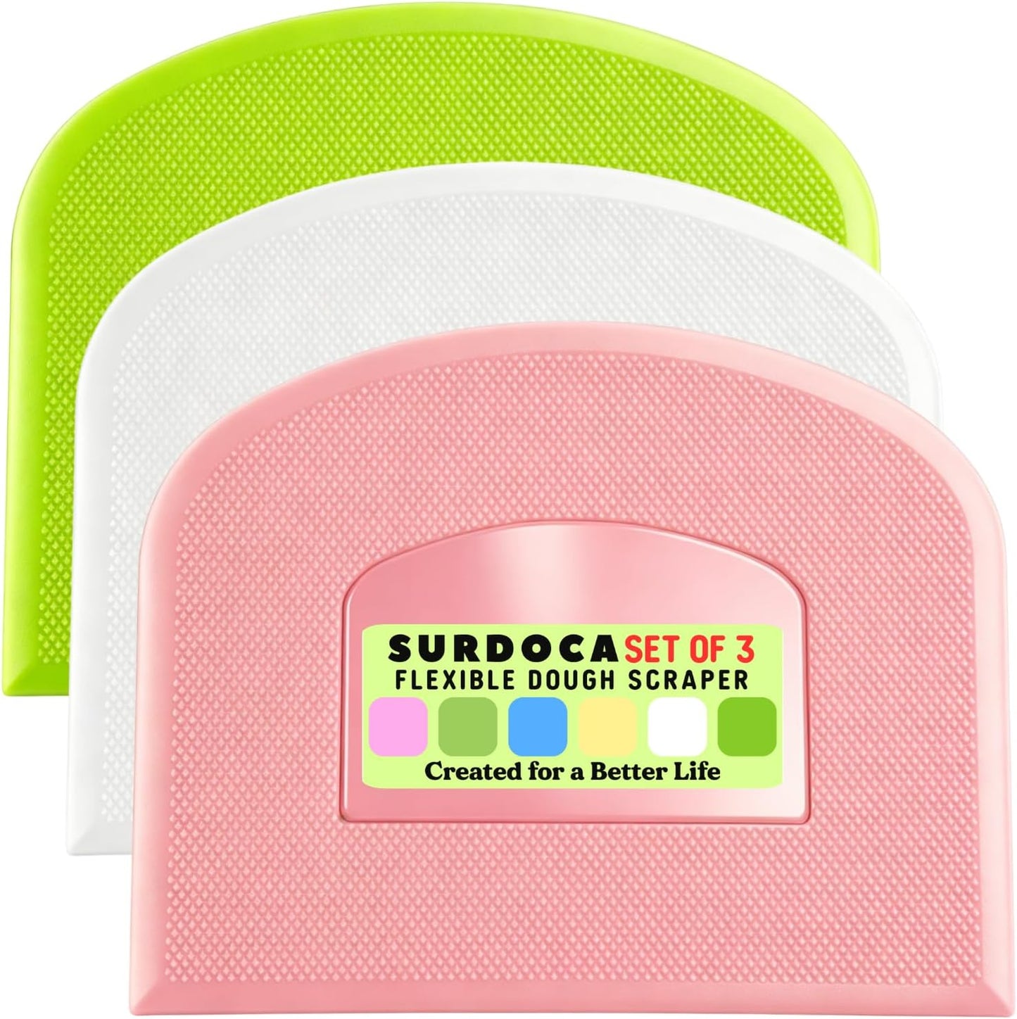 SURDOCA Dough Scraper Bench Scraper - 3P 4.7x3.7" Plastic Flexible Bowl Scraper, Sharp Edge & Angles Cake Scraper. Non-Slip Bakeware Decorating Tools Sculpting & Modeling Tools - Green+White+Green - Colors B