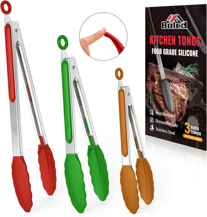600ºF Heat Resistant Kitchen Tongs, Premium Locking Cooking Tongs with Silicone Tips, Non-Slip Food Tongs for Cooking, Non-Stick, Heavy Duty Stainless Steel Handle, Set of 3-7" 9" and 12" Black