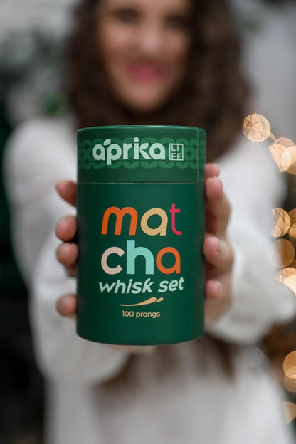 Aprika Life Matcha Bamboo Whisk Set with Holder | 100 Prong Chasen, Bamboo Scoop & Glass Whisk Holder | Matcha Whisk and Holder Starter Kit