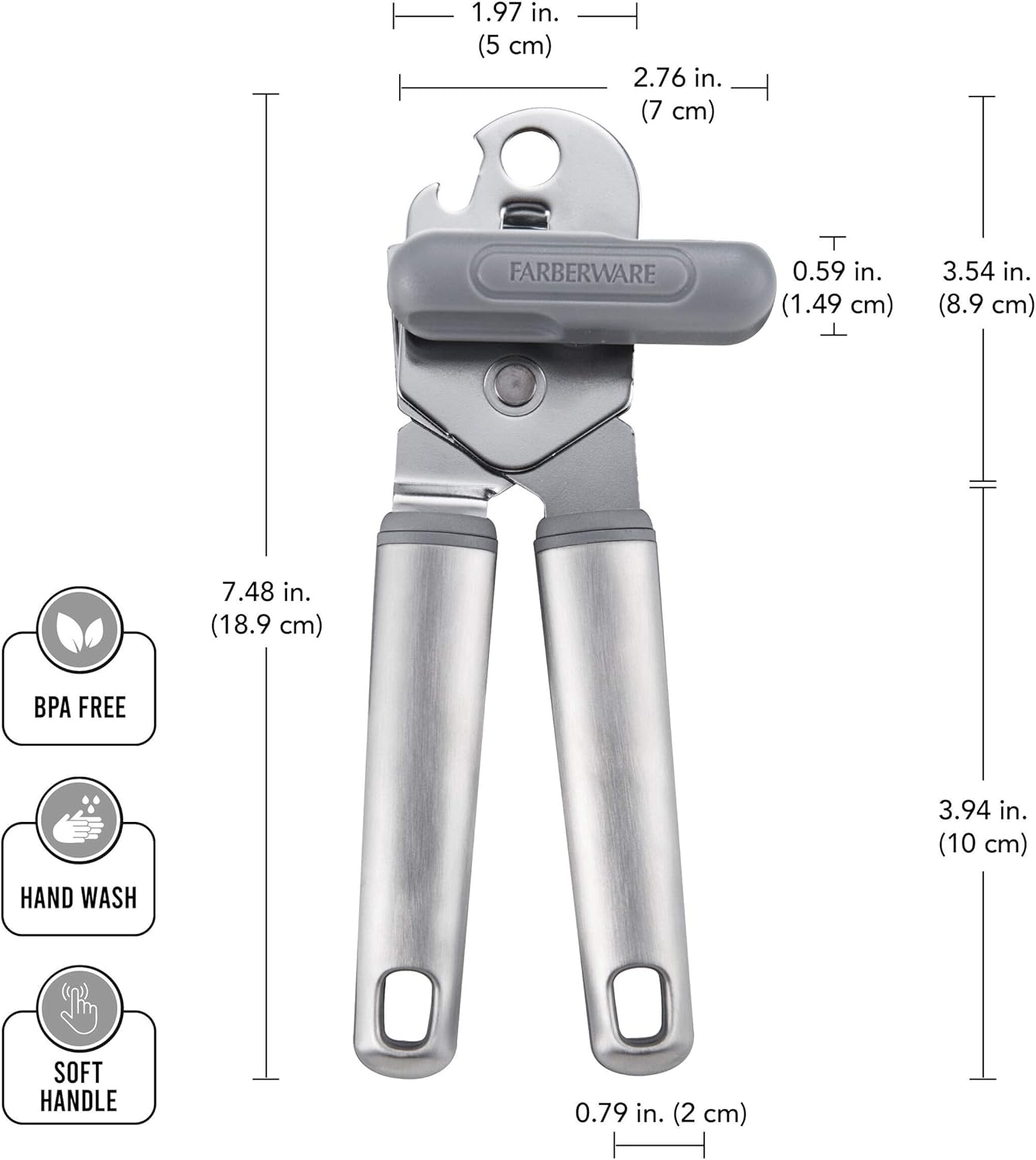 Farberware Professional Stainless Steel Soft Can Opener, 7.36-Inch, Gray