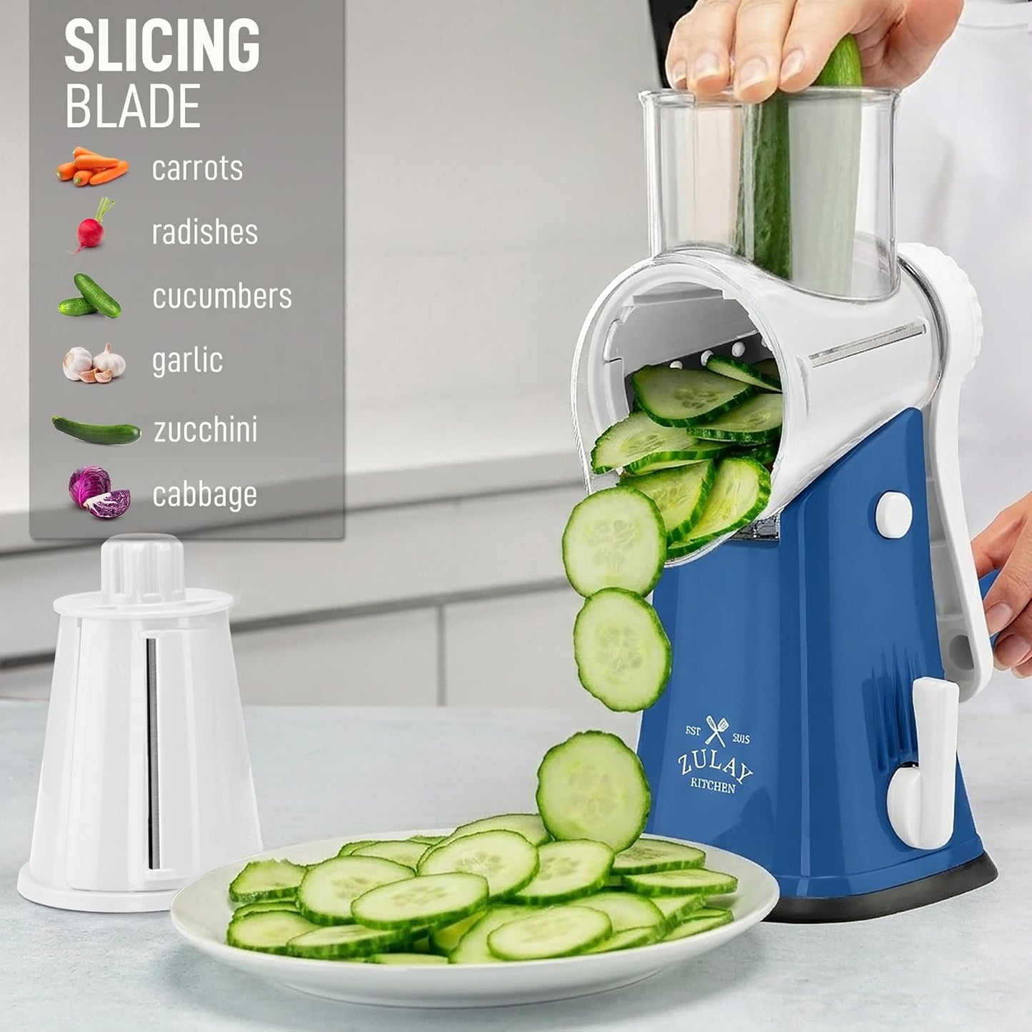 Zulay Kitchen Rotary Cheese Grater 5 Blade Cheese Shredder - Manual Hand Crank Cheese Grater With Reinforced Suction & 5 Interchangeable Drums - Easy to Use, Vegetable Chopper Round Mandoline Slicer - Colors B