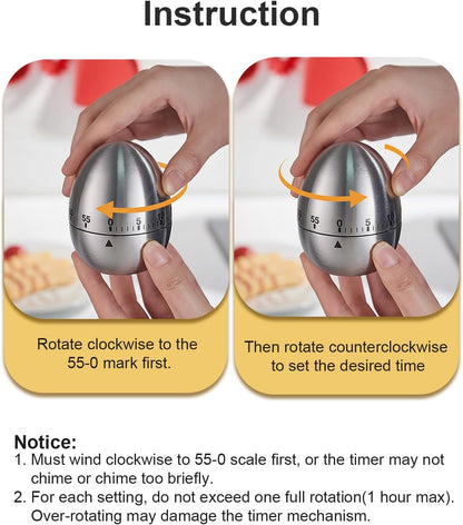 Kitchen Timer for Cooking, 60 Minutes Mechanical Timer - No Batteries Required, Stainless Steel Egg-Shape Cute Countdown Clock for Cooking, Learning, Exercises, Gaming
