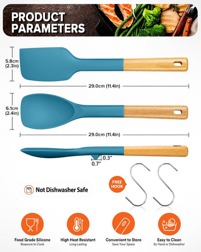 Silicone Spatula and Spoonula Set, Great For Stirring, Tough Mixing and Folding, Sturdy Bpa-Free Matte Silicone, Wooden Handle Rubber Scraper For Nonstick Cookwares (Grey)
