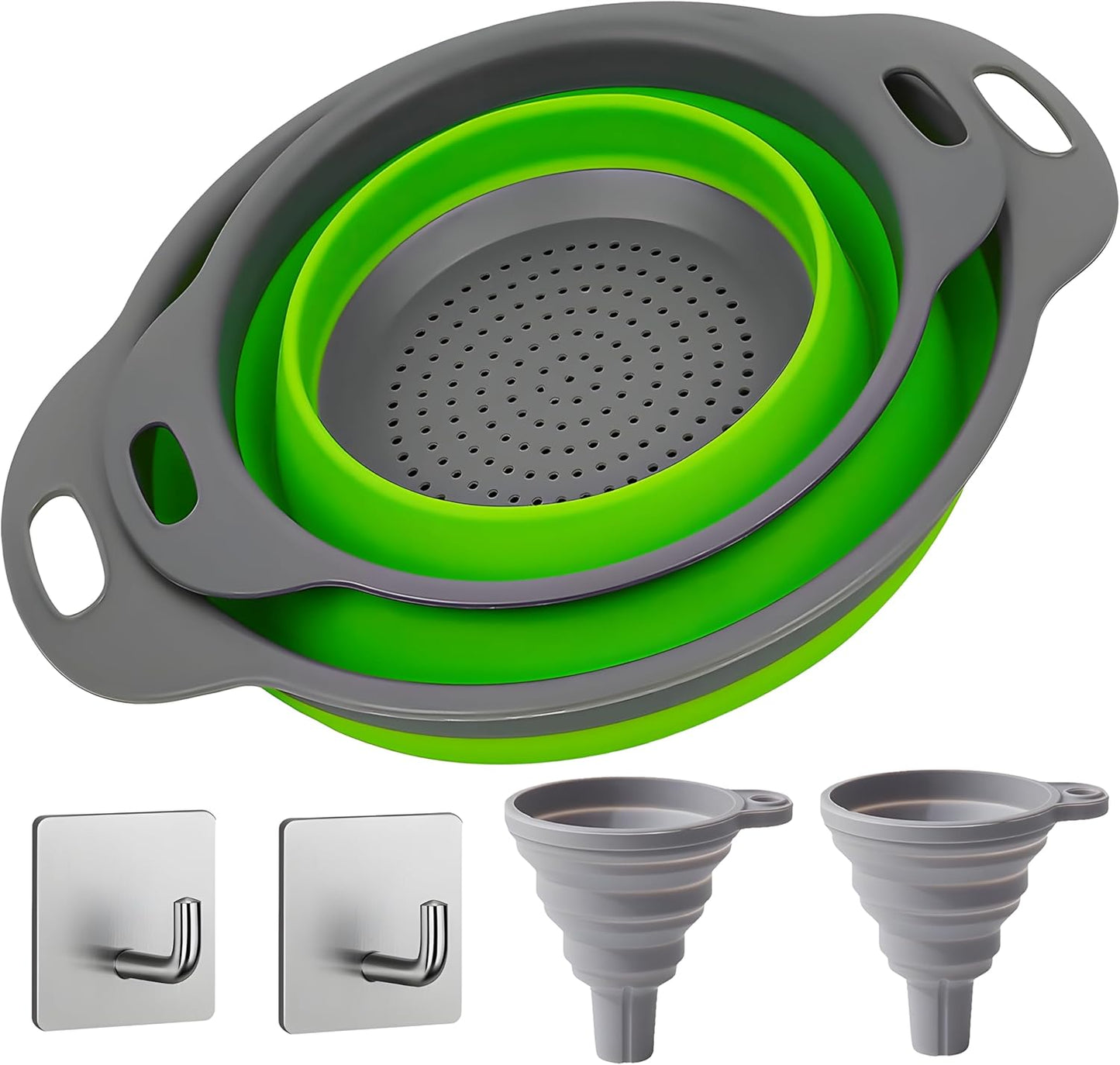 Collapsible Colander Set with 2 Stainless Steel Hooks & 2 Silicone Funnels, Foldable Kitchen Strainer Basket for Pasta and Vegetables, Space Saving RV & Camping Kitchen Accessories – Blue