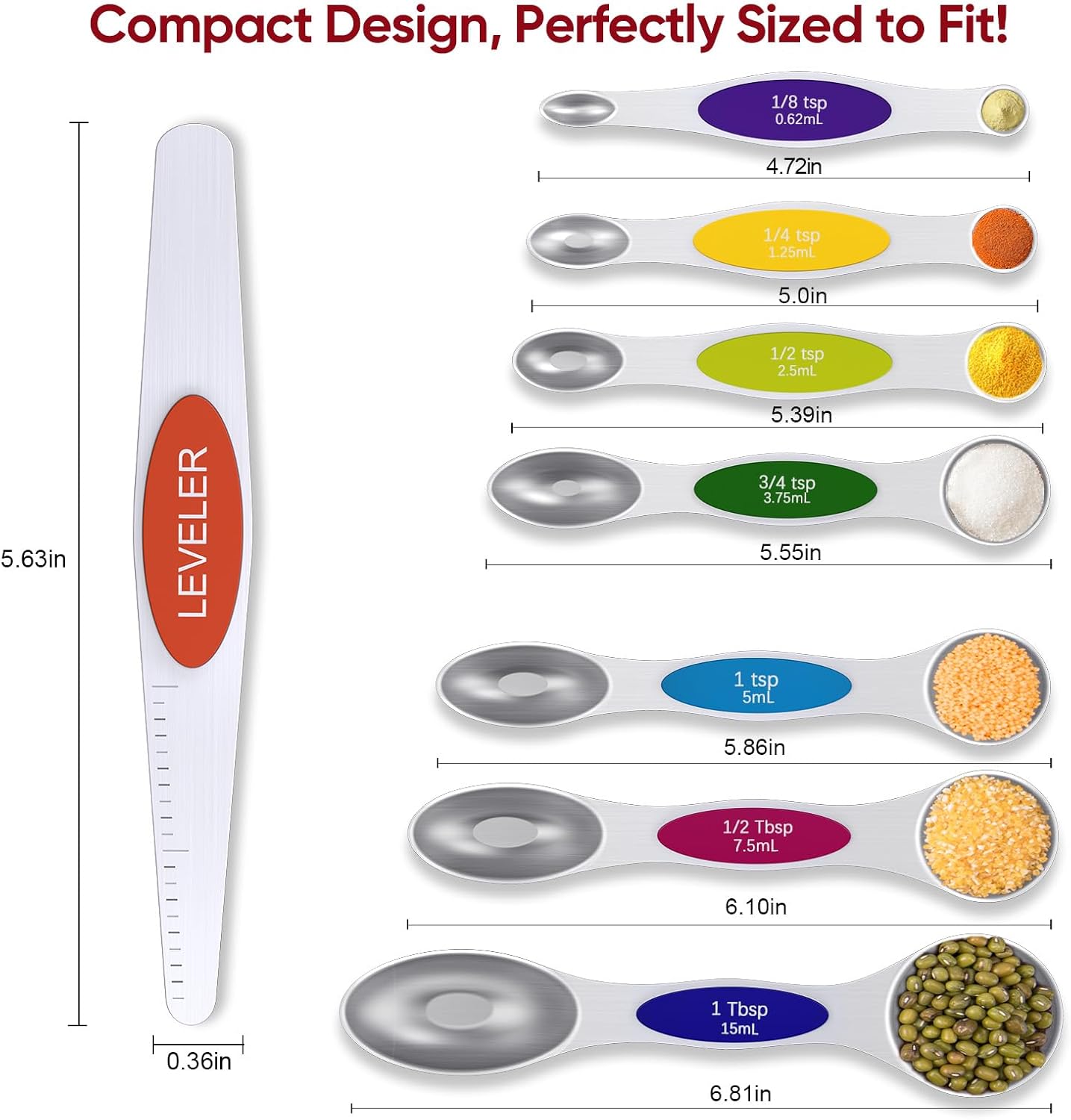 Magnetic Measuring Cups & Spoons Set, Strong N45 Magnets, Heavy Duty Stainless Steel Fits in Spice Jars for Baking & Cooking, BPA Free, Round Set of 15 with Leveler,Dark Black