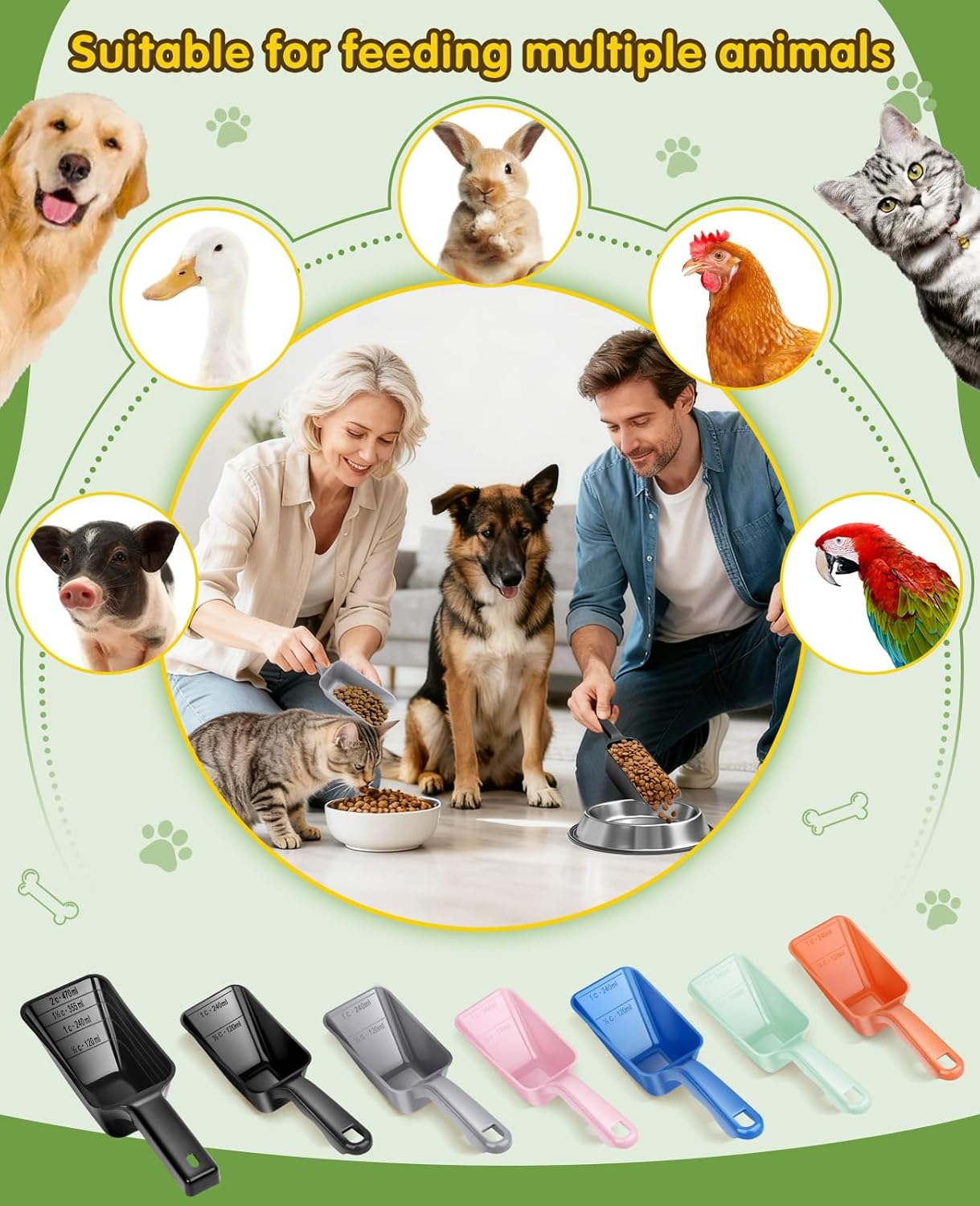 2 Pack Dog Food Scoop with 1 Cup and 2 Cup Capacity, Plastic Pet Food Measuring Scoops with Clear Measurement Lines for Dogs, Cats & More,Dishwasher safe (Green and Black)