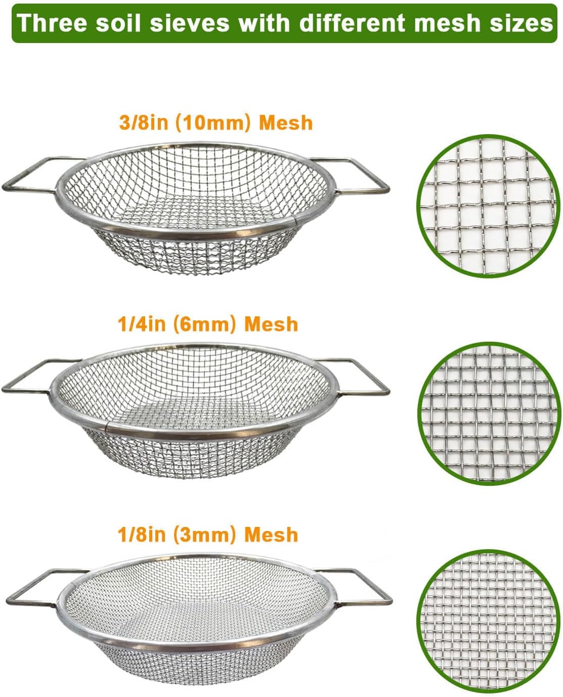 Dirt Soil Sifter for Gardening - 3Pcs Multi Mesh Size Set (1/8",1/4",3/8") Heavy Duty Garden Sieve with Handles, Ideal for 5 Gallon Bucket Compost, Dirt, Sand, Gravel, Rocks & Sawdust Sifter