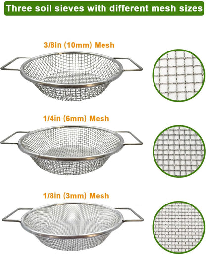 Dirt Soil Sifter for Gardening - 3Pcs Multi Mesh Size Set (1/8",1/4",3/8") Heavy Duty Garden Sieve with Handles, Ideal for 5 Gallon Bucket Compost, Dirt, Sand, Gravel, Rocks & Sawdust Sifter