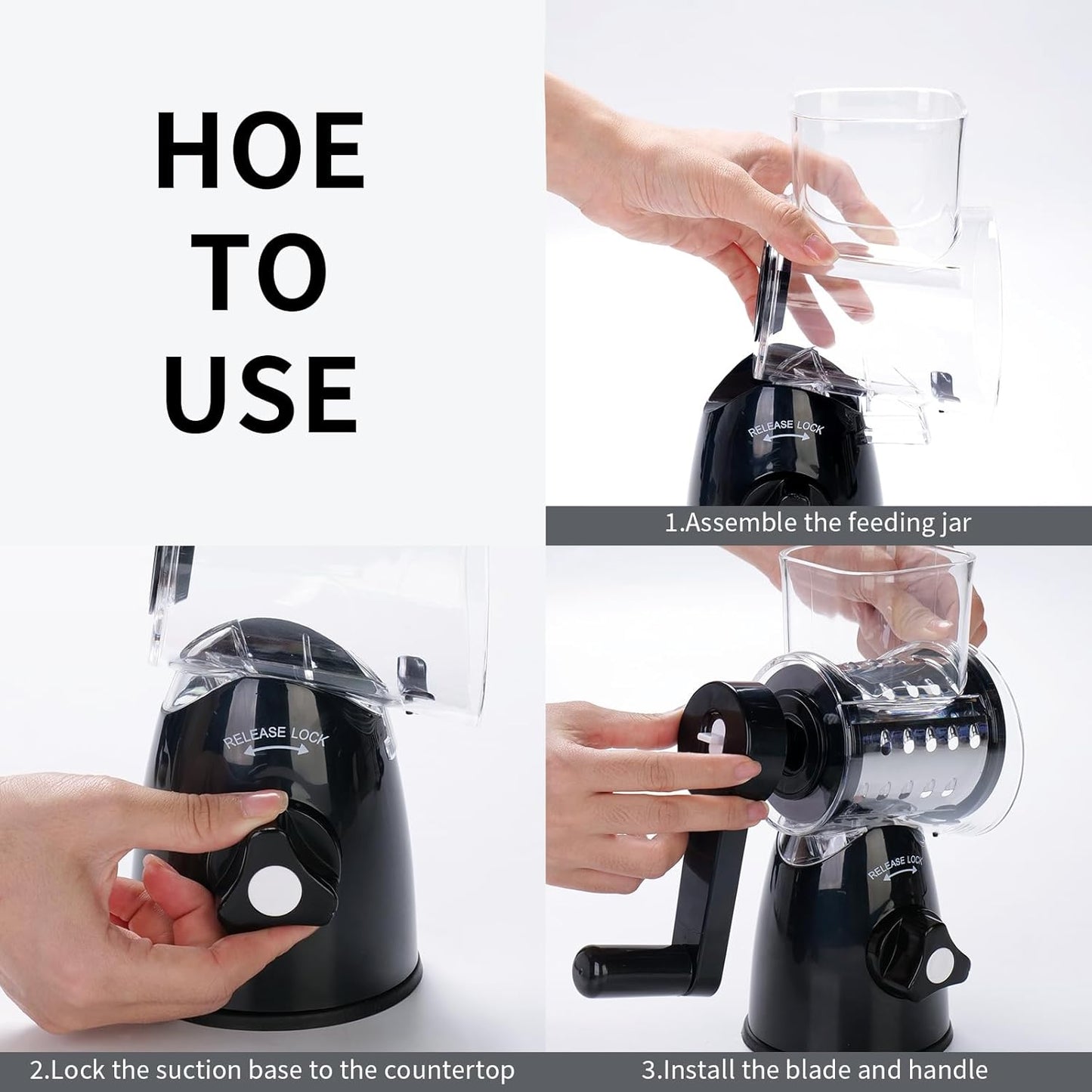 JIUMEXES Rotary Cheese Grater Hand Crank - 3-in-1 Manual Cheese Shredder with 3 Stainless Steel Blades, Strong Suction Base for Cheese Vegetables Nuts, Dishwasher Safe Kitchen Grater