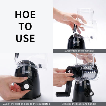 JIUMEXES Rotary Cheese Grater Hand Crank - 3-in-1 Manual Cheese Shredder with 3 Stainless Steel Blades, Strong Suction Base for Cheese Vegetables Nuts, Dishwasher Safe Kitchen Grater