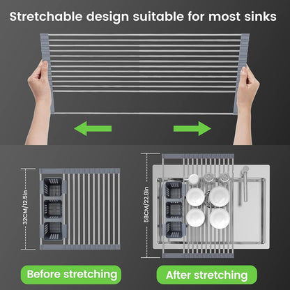 Black Expandable Roll Up Dish Drying Rack Up to 22.8''with 2 Storage Baskets,Over The Sink Kitchen Rolling up Dish Drainer Drying Rack , Foldable,Rollable,for Kitchen Dishes(Expandable Width Size)