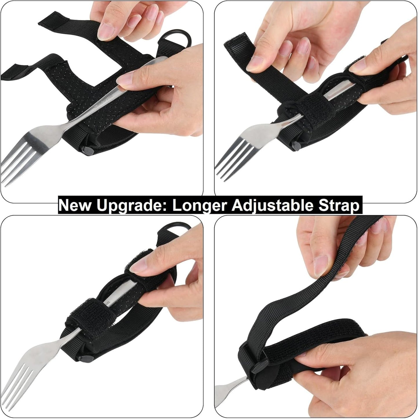 Beautyflier Spoon Fork Universal Cuff Utensil Adjustable Holder Strap for Holding Cutlery, Pens, Toothbrushes for Elderly or Individuals with Weak Grip (Black, Large Size)