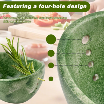 Pottery Herb Stripper Bowl, Small Handmade Resin Herb Stripper, Ceramic Herbs Grinder Pill Crusher Set Parsley Thyme Rosemary, for Pill Crusher, Spice, with Multi Size Holes(Color:Green)