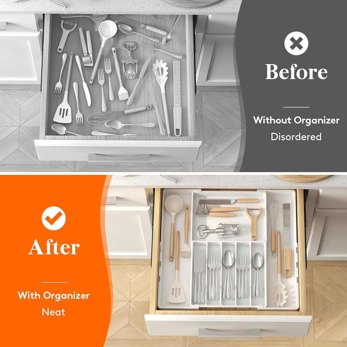Lifewit Silverware Drawer Organizer, Expandable Utensil Tray for Kitchen, BPA Free Flatware and Cutlery Holder, Adjustable Plastic Storage for Spoons Forks Knives, 4-7 Slots, Black