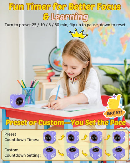 Digital Pomodoro Timer Cube 5/10/25/50min, Visual Productivity Flip Timer for Kids Classroom Desk, Custom Countdown, Silent and Sound Mode for ADHD Study Work Game Kitchen (Orange)