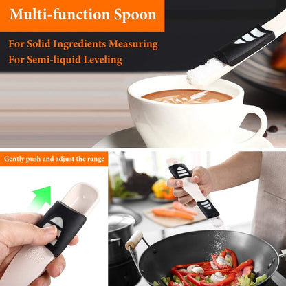 Measuring Spoon Double End, 2 IN 1, Adjustable Scale FROM 1/8 TEASPOON TO 1 TABLESPOON Measuring Dry AND Semi-Liquid Ingredients