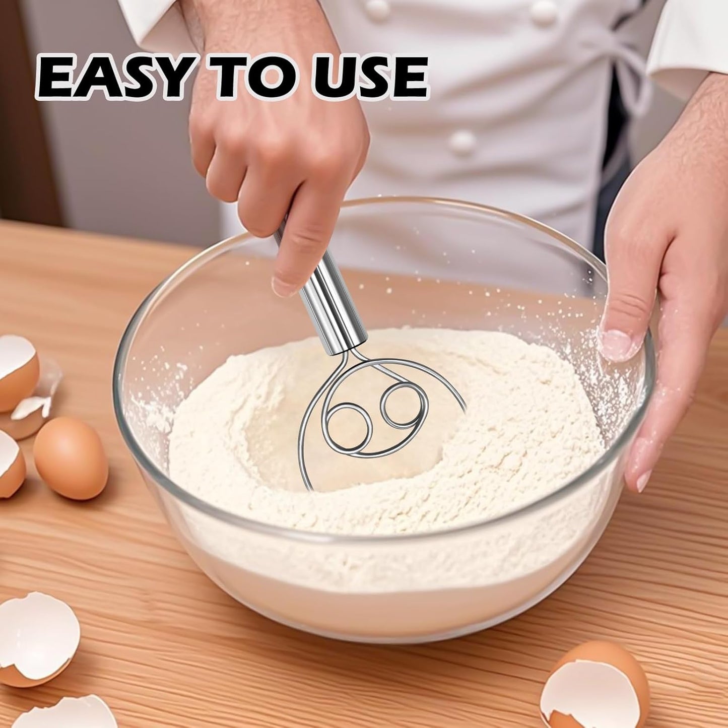 Danish Dough Whisk & Mixer Set - 2 Pack Stainless Steel Dough Whisks for Baking, Hand Mixer for Bread, Pizza, Pastry - Ergonomic Design for Easy Kneading & Blending