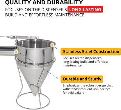 ALDKitchen Batter Dispenser | Funnel Dough Dispenser with Stand | Stainless Steel