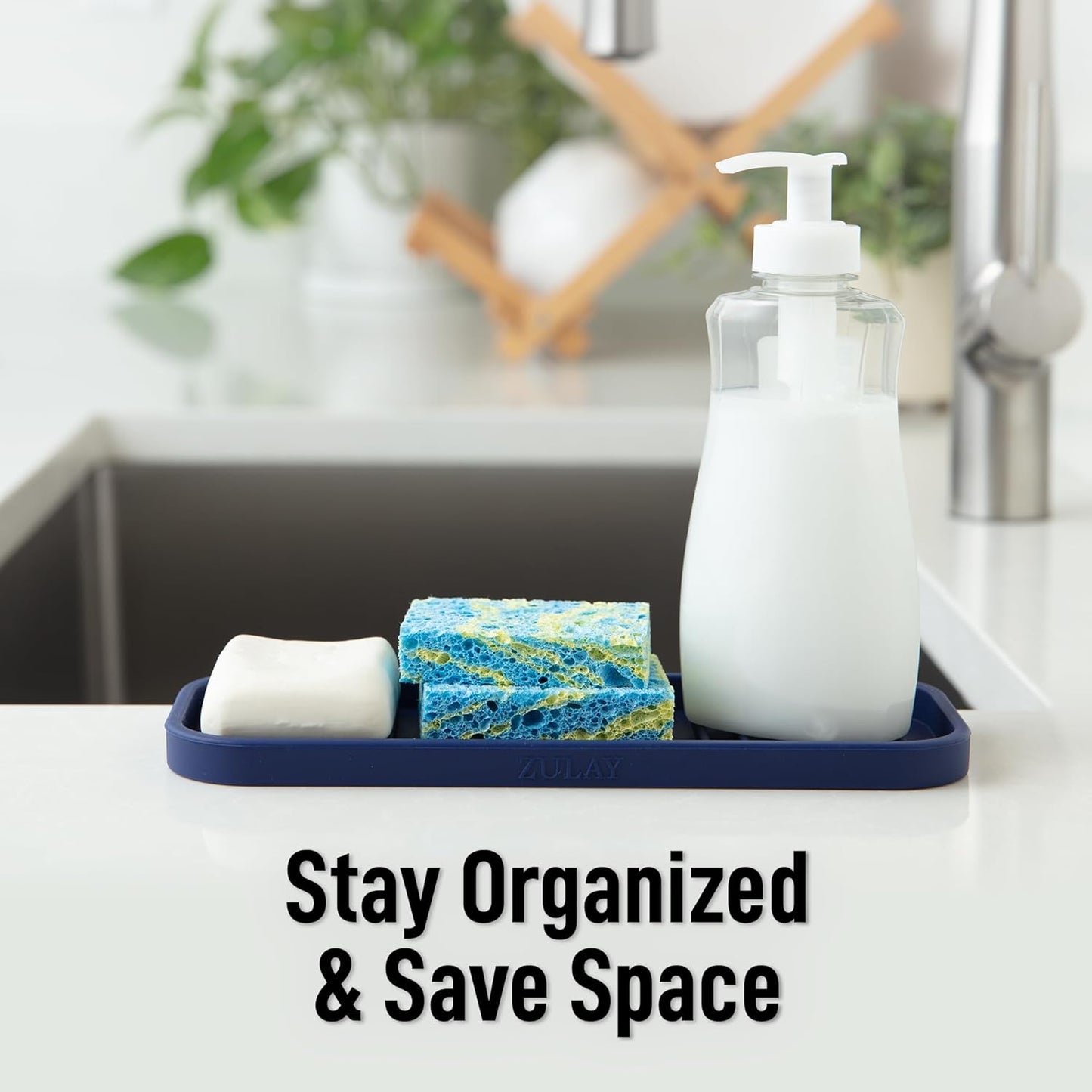 Zulay Kitchen (9x3.5in Sponge Holder for Kitchen Sink - Flexible Heavy-duty Multipurpose Sink Caddy - Counter Organizer for Kitchen, Bathroom, Makeup, Trinkets & More! (Grey)