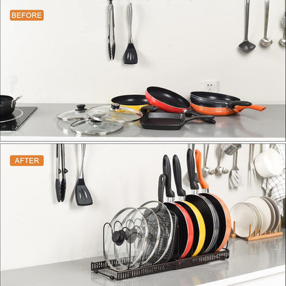 Toplife Pot Lids Organizer Rack for Cabinet and Countertop, 7+ Pan Lids and Bakeware Organizer Rack Holder with 7 Adjustable Compartments - Brown